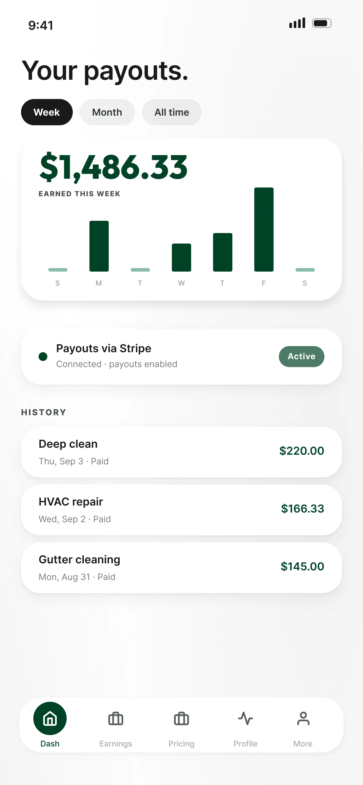 Earnings screen with weekly payouts and Stripe connected