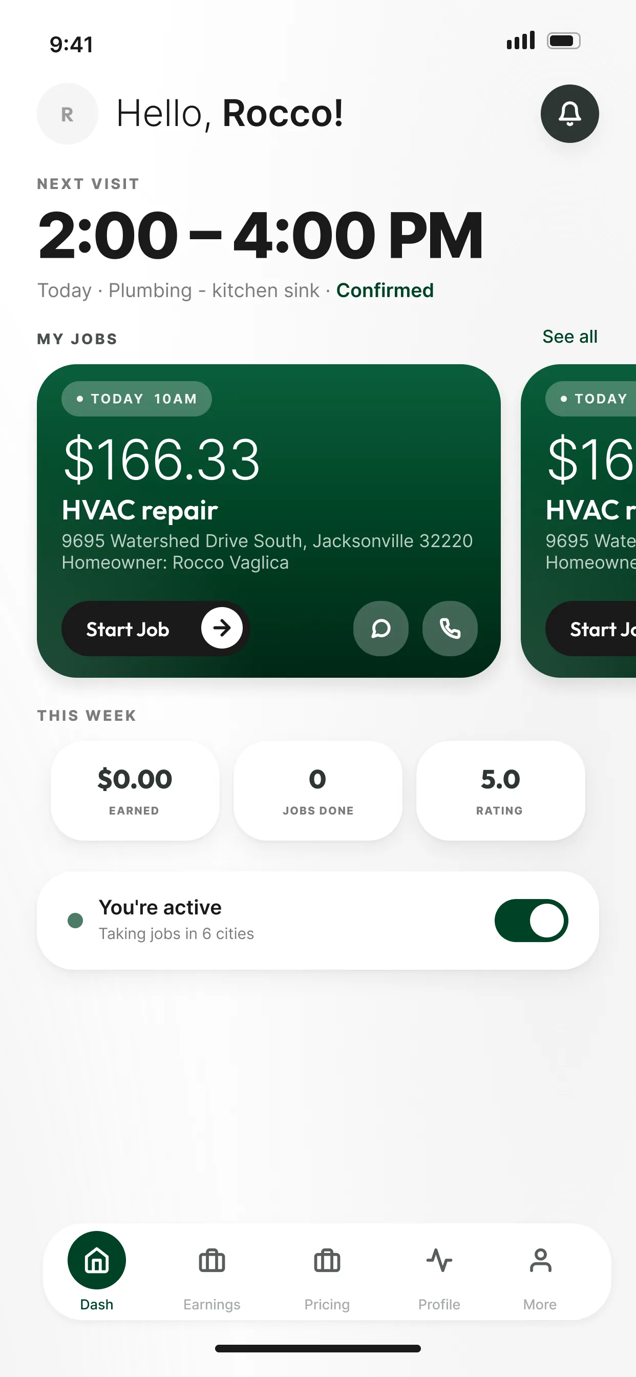 Vendor dashboard with the next visit and a job card