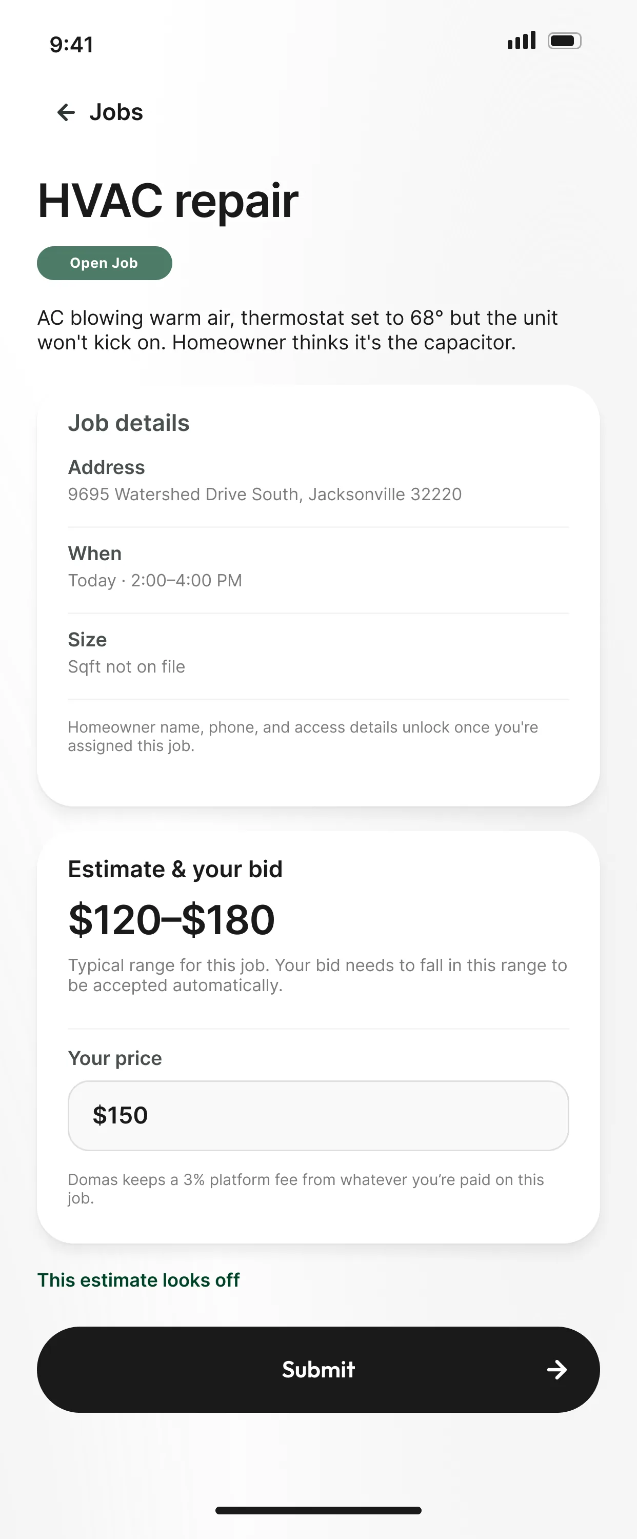 Job request screen with details, estimate range and your price